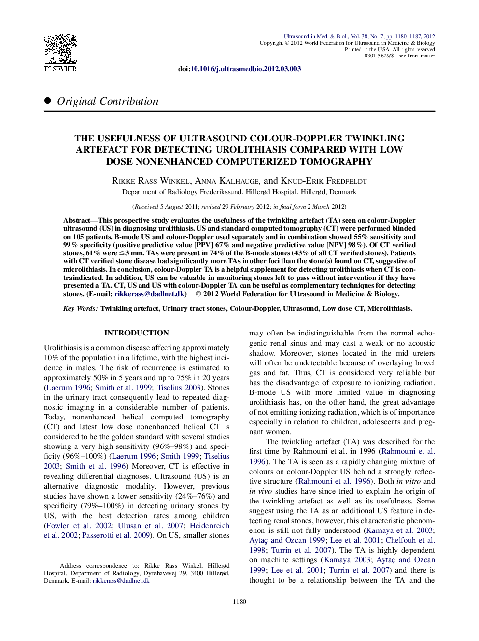 The Usefulness of Ultrasound Colour-Doppler Twinkling Artefact for Detecting Urolithiasis Compared with Low Dose Nonenhanced Computerized Tomography