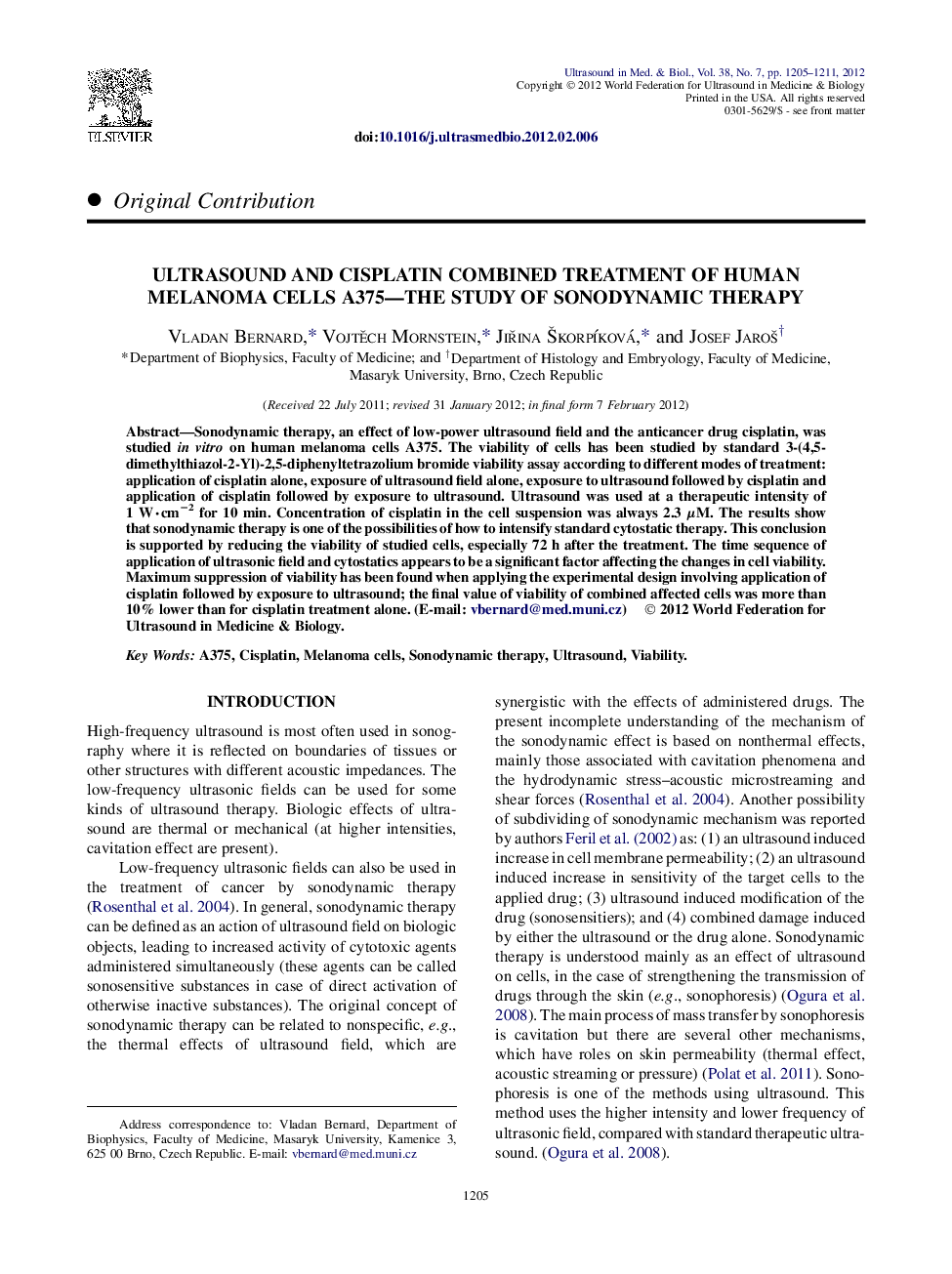 Ultrasound and Cisplatin Combined Treatment of Human Melanoma Cells A375-the Study of Sonodynamic Therapy