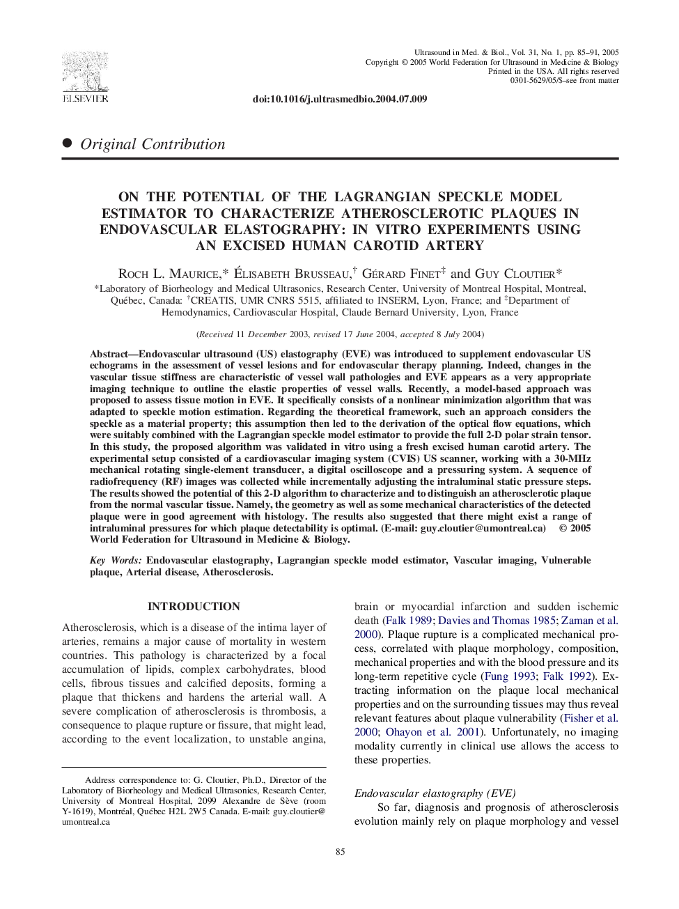 On the potential of the Lagrangian speckle model estimator to characterize atherosclerotic plaques in endovascular elastography: In vitro experiments using an excised human carotid artery