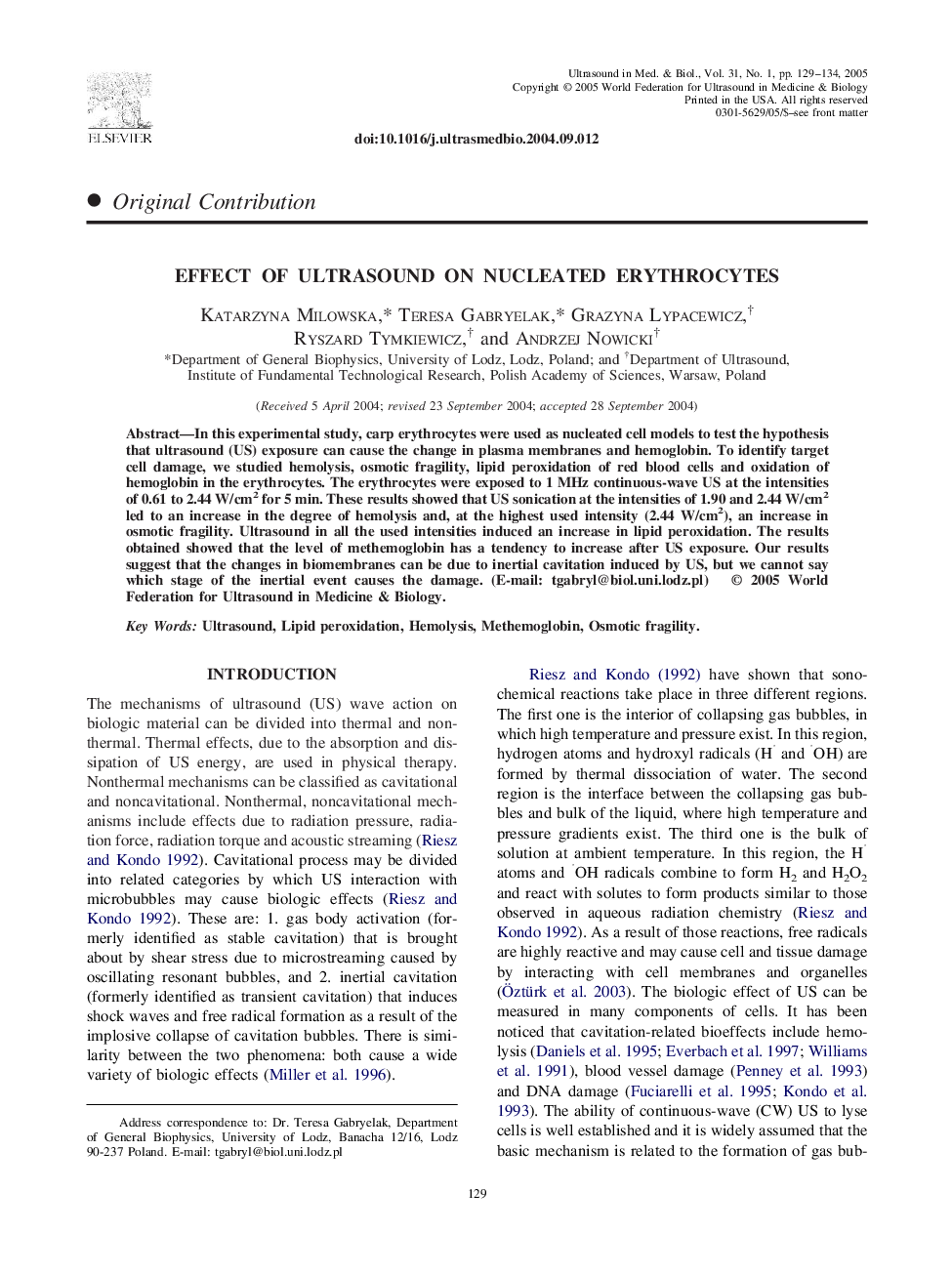 Effect of ultrasound on nucleated erythrocytes