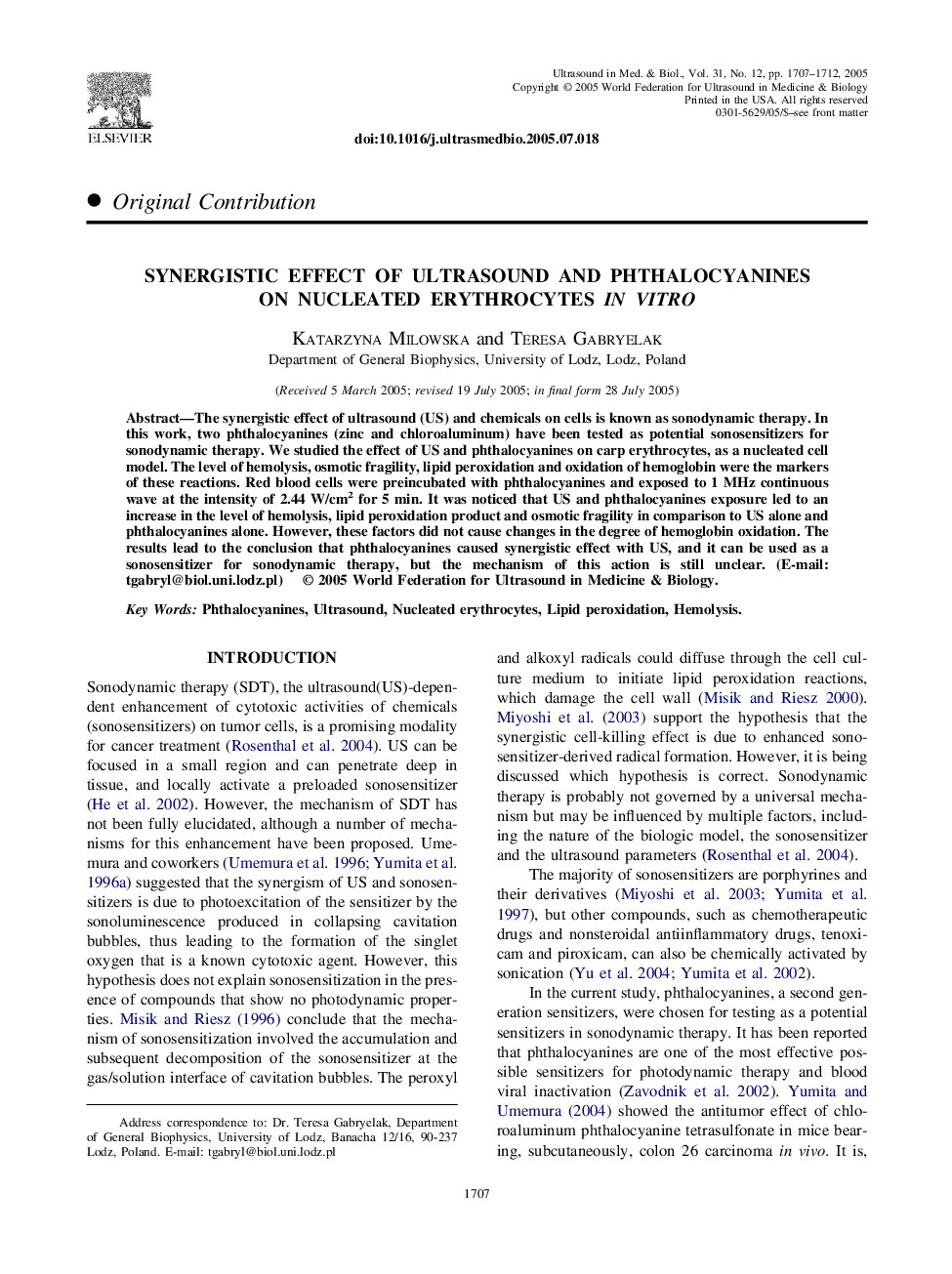 Synergistic effect of ultrasound and phthalocyanines on nucleated erythrocytes in vitro