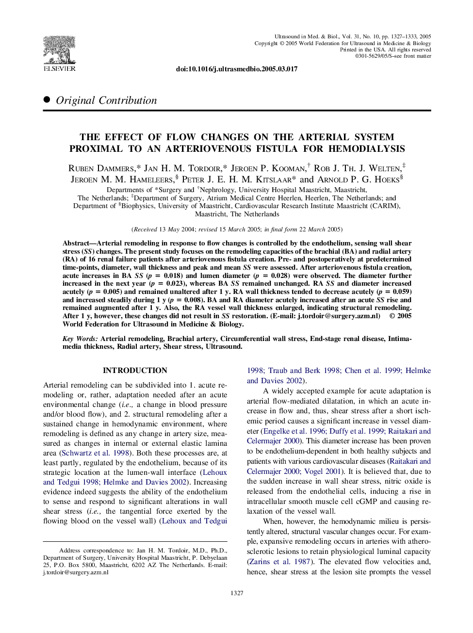 The effect of flow changes on the arterial system proximal to an arteriovenous fistula for hemodialysis