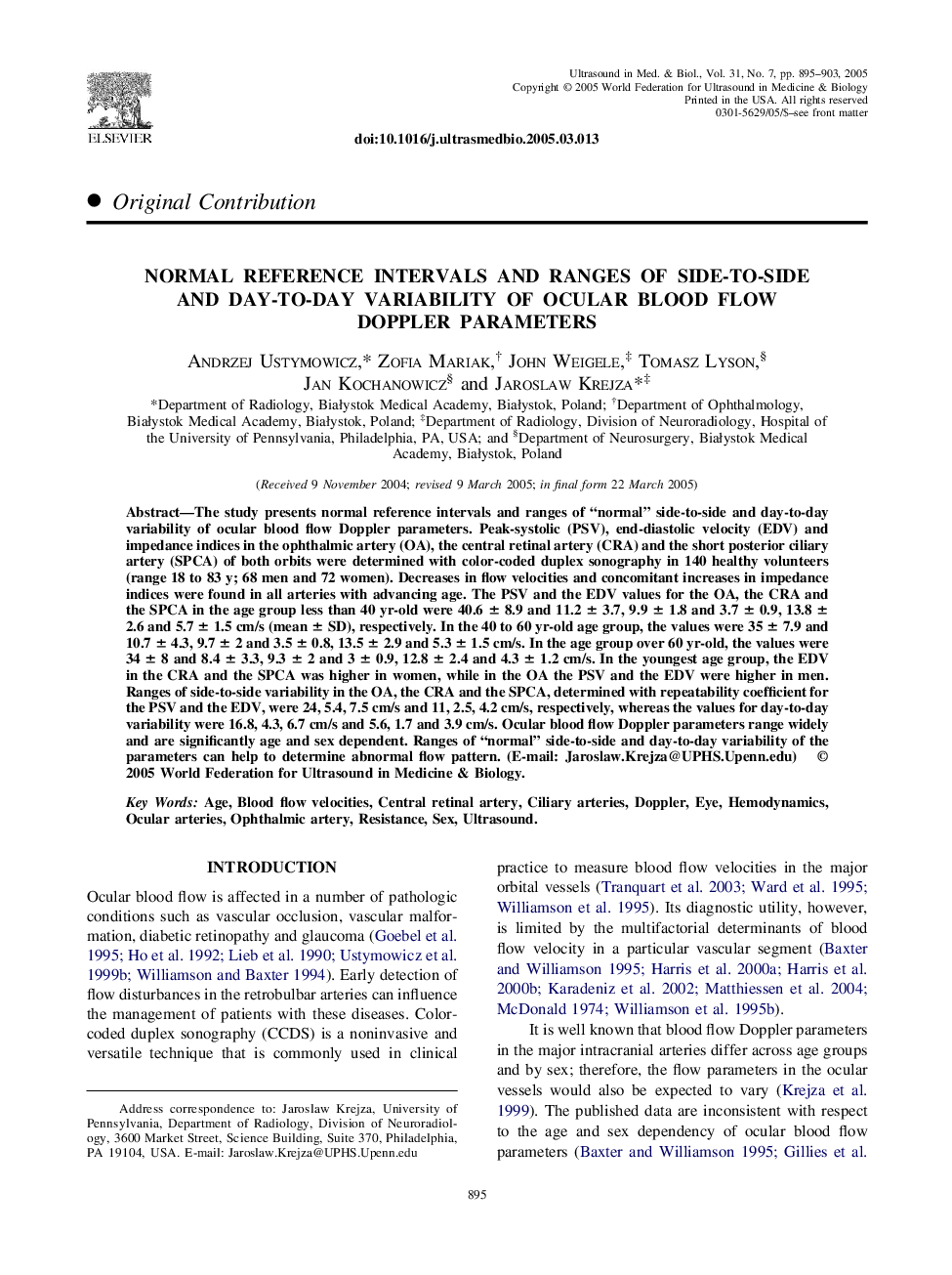 Normal reference intervals and ranges of side-to-side and day-to-day variability of ocular blood flow Doppler parameters