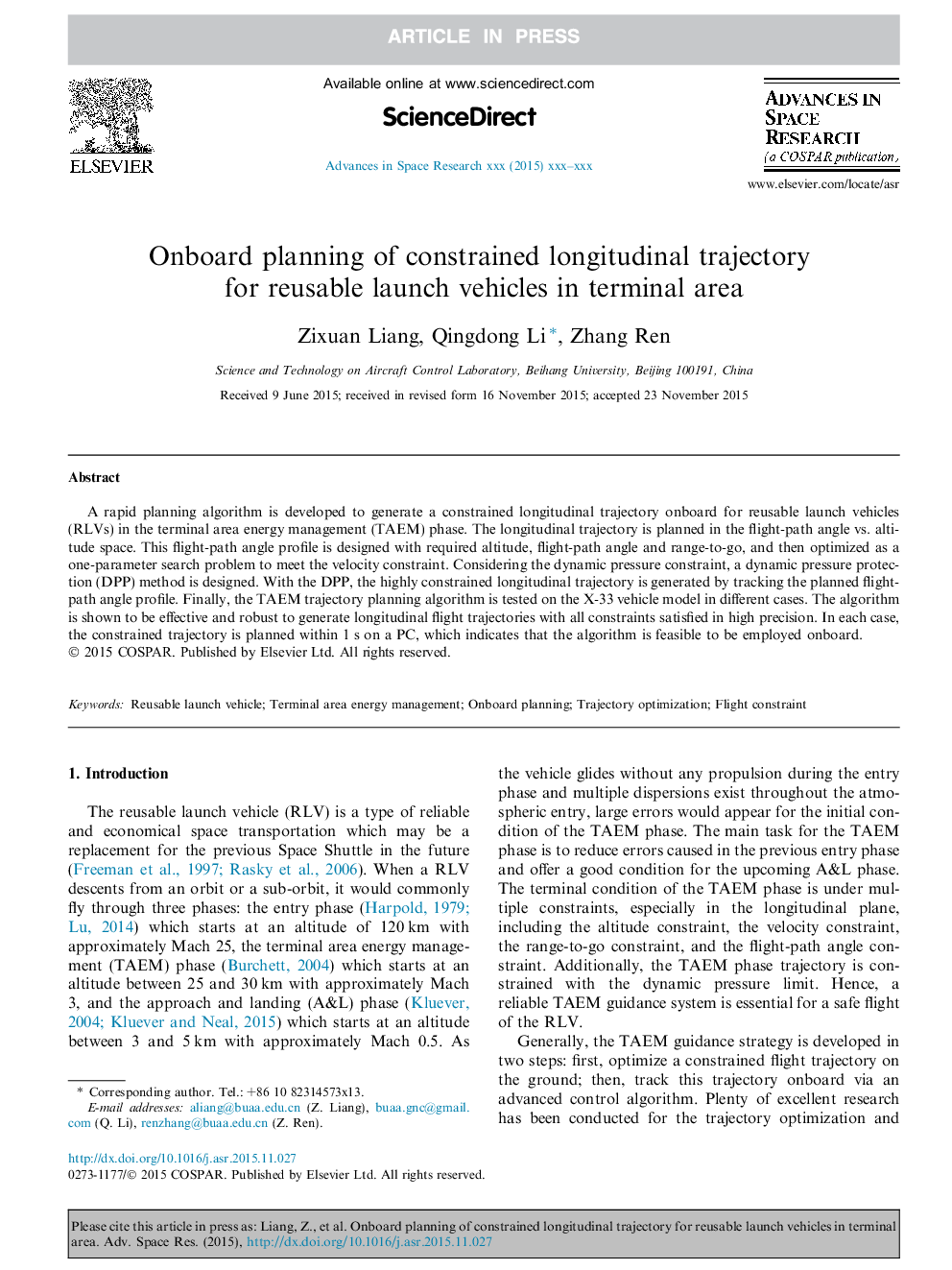 Onboard planning of constrained longitudinal trajectory for reusable launch vehicles in terminal area
