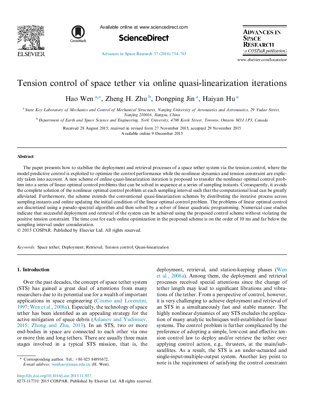 Tension control of space tether via online quasi-linearization iterations
