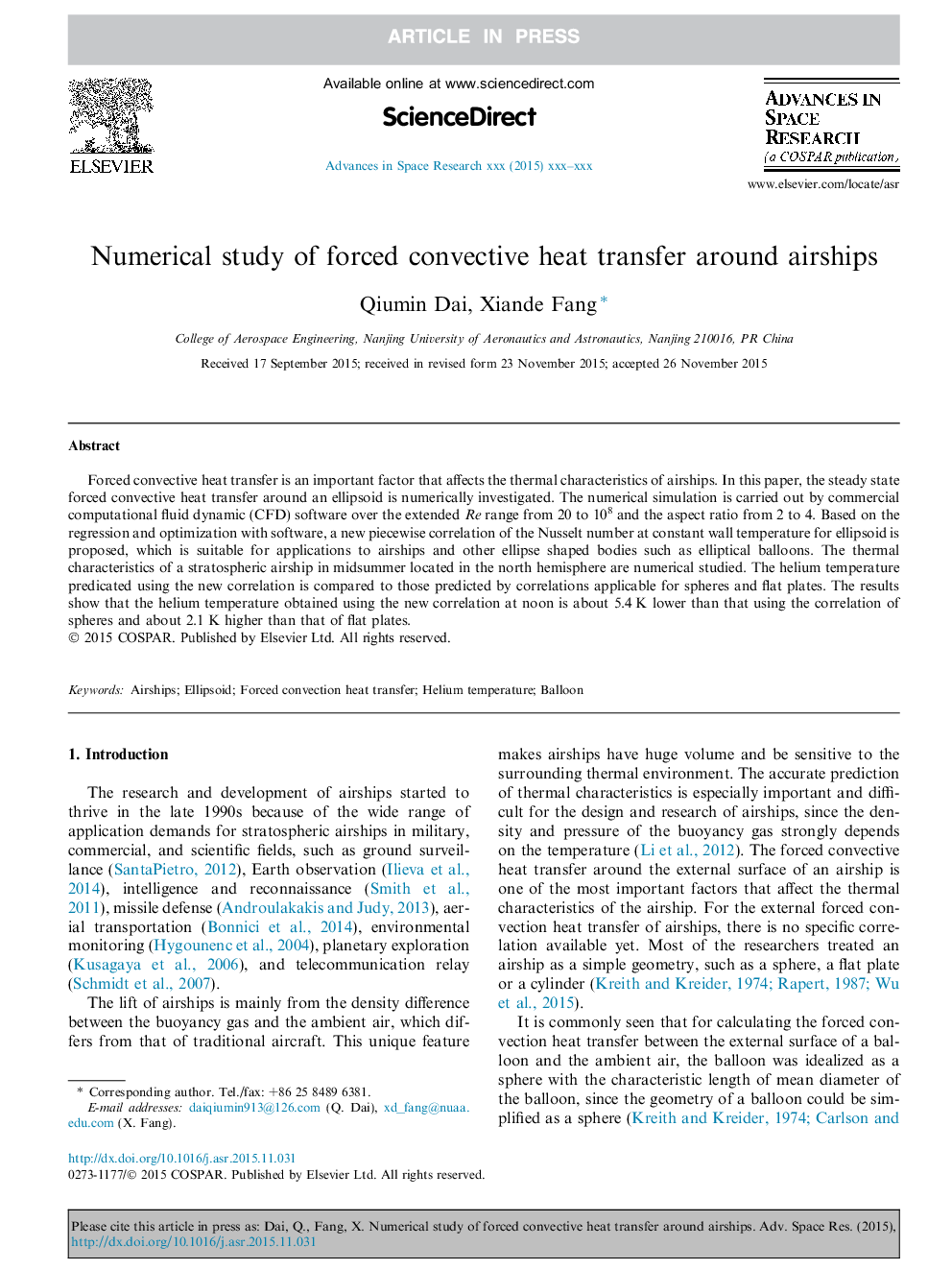 Numerical study of forced convective heat transfer around airships