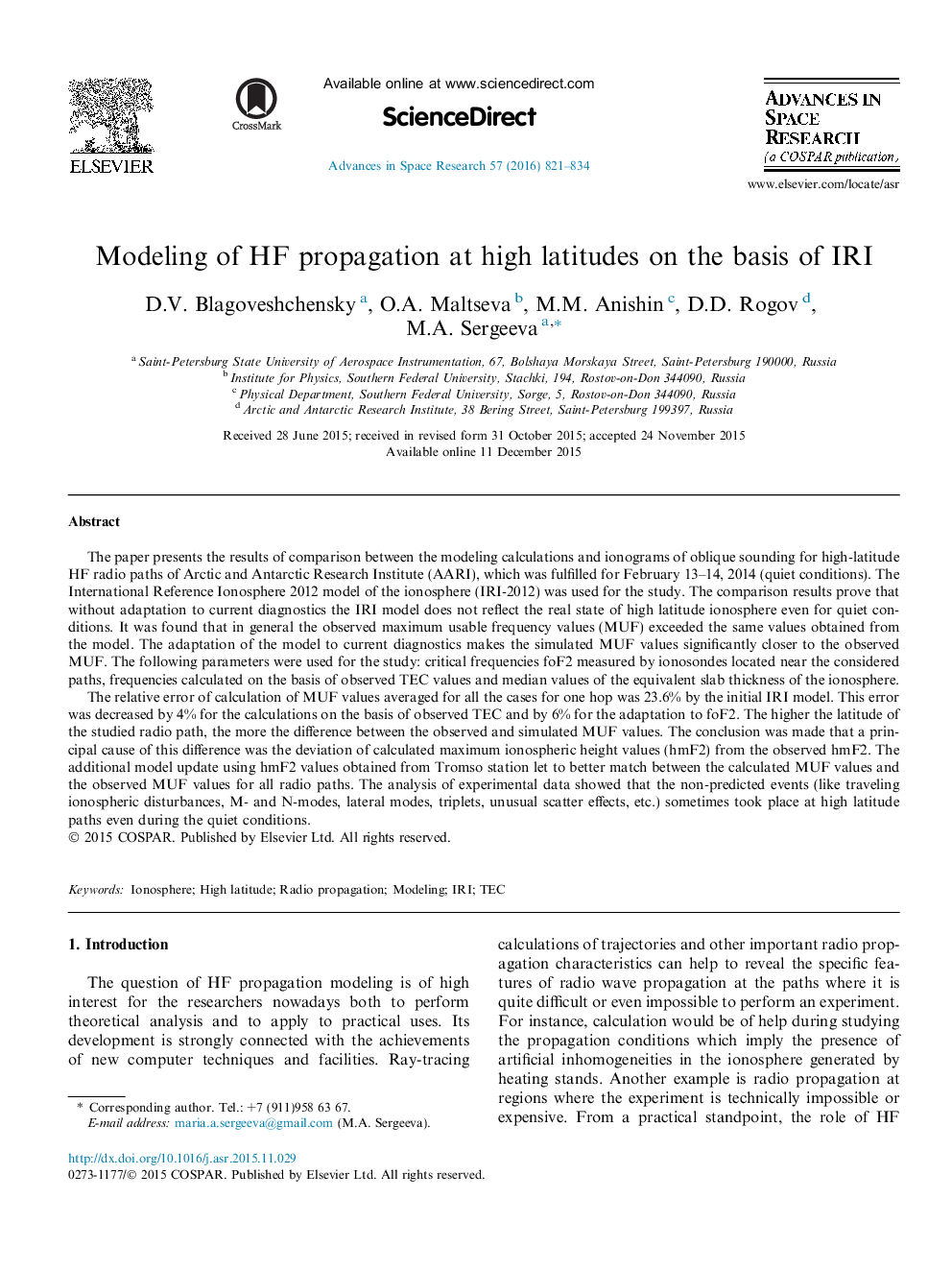 Modeling of HF propagation at high latitudes on the basis of IRI