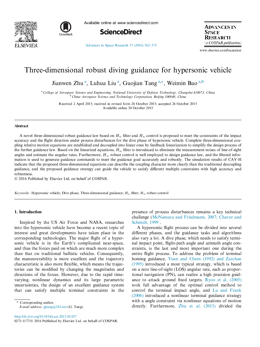 Three-dimensional robust diving guidance for hypersonic vehicle