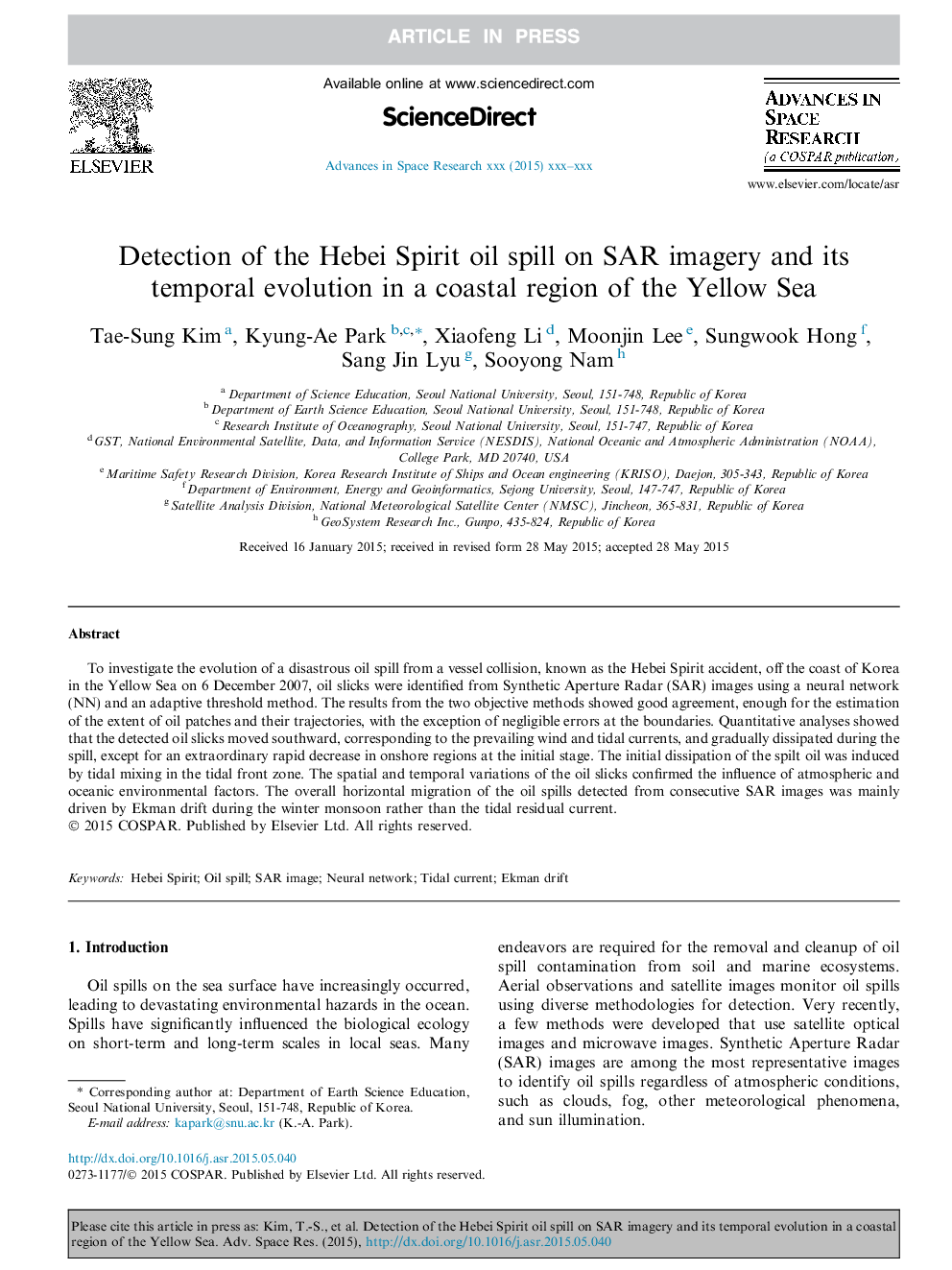 Detection of the Hebei Spirit oil spill on SAR imagery and its temporal evolution in a coastal region of the Yellow Sea