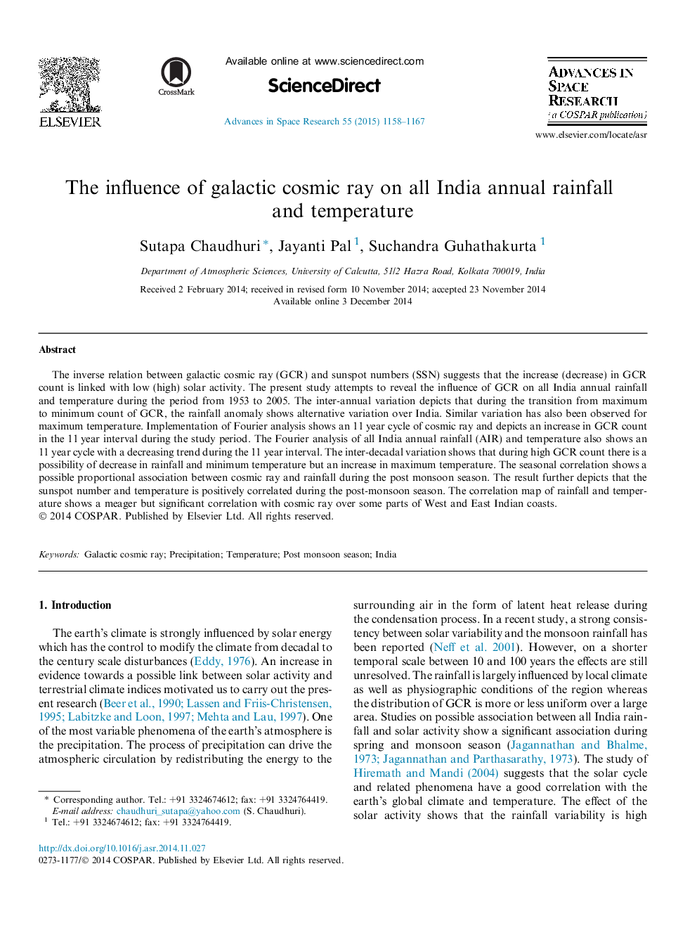 The influence of galactic cosmic ray on all India annual rainfall and temperature