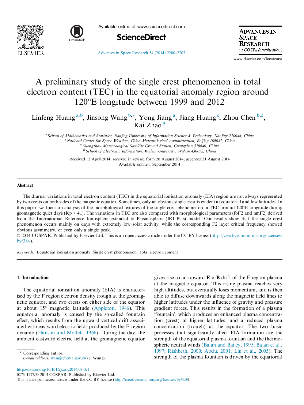 A preliminary study of the single crest phenomenon in total electron content (TEC) in the equatorial anomaly region around 120Â°E longitude between 1999 and 2012
