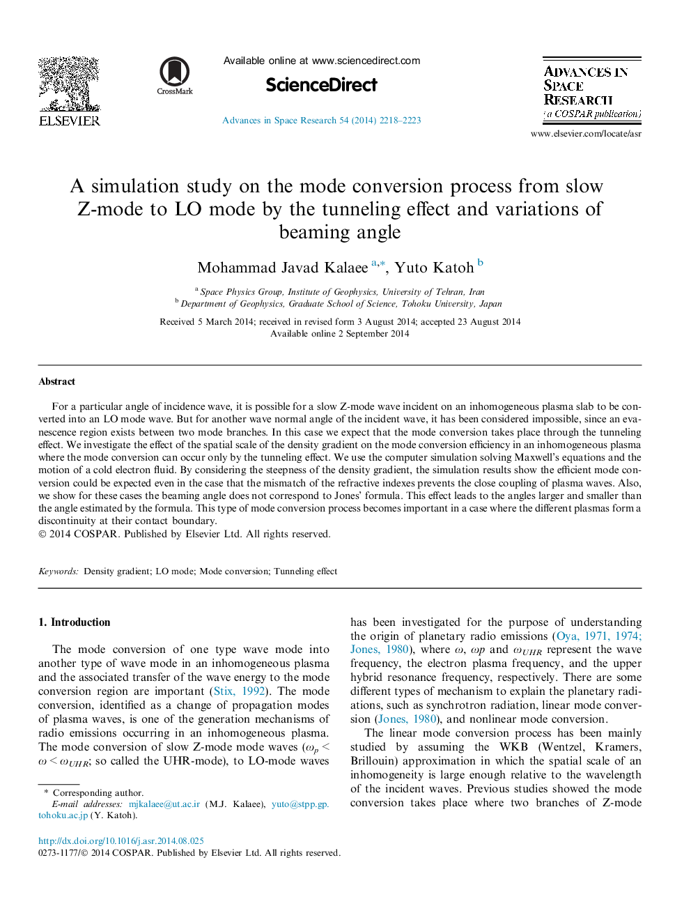 A simulation study on the mode conversion process from slow Z-mode to LO mode by the tunneling effect and variations of beaming angle