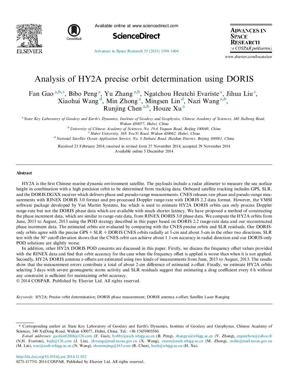 Analysis of HY2A precise orbit determination using DORIS