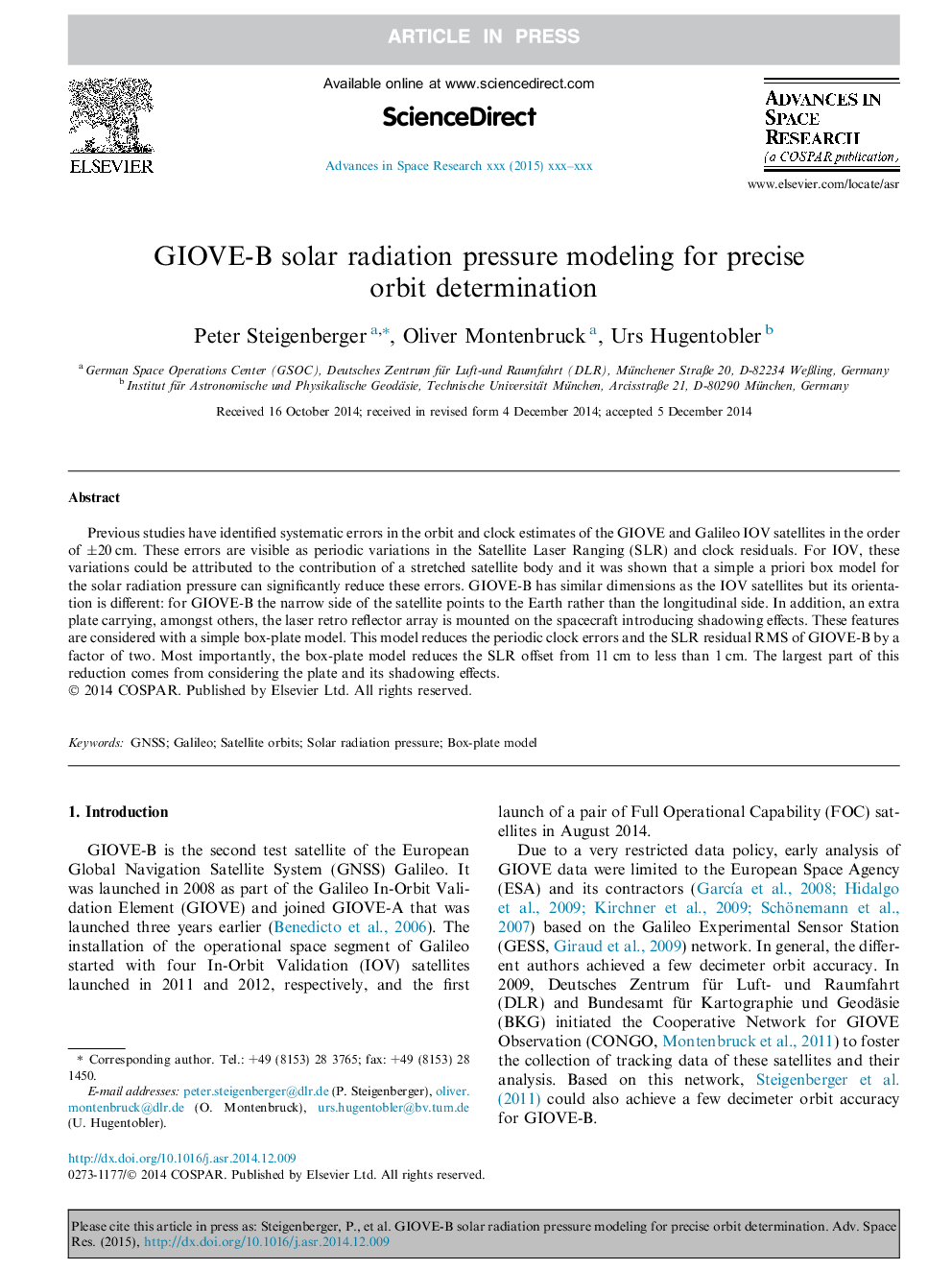 GIOVE-B solar radiation pressure modeling for precise orbit determination