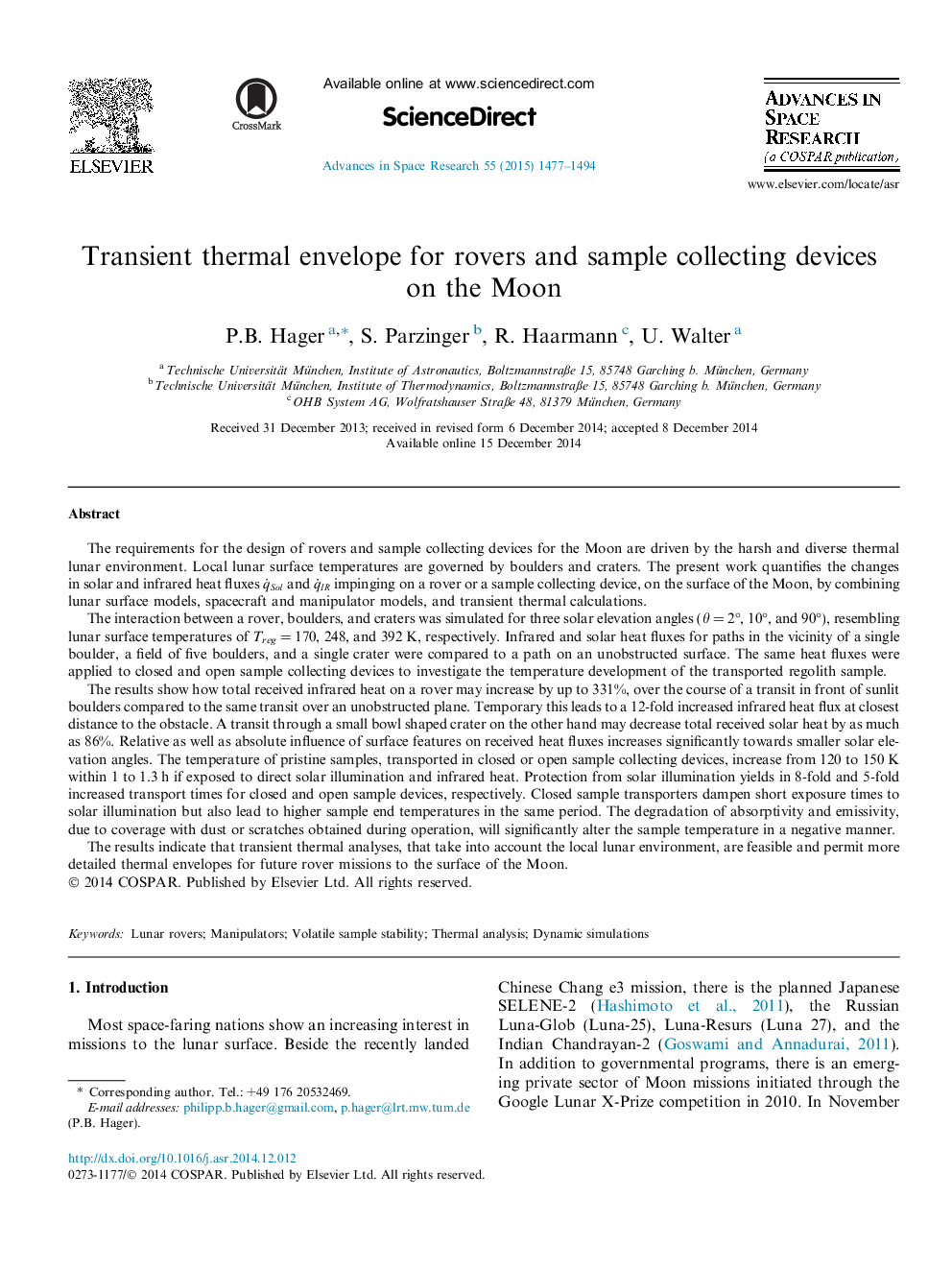 Transient thermal envelope for rovers and sample collecting devices on the Moon