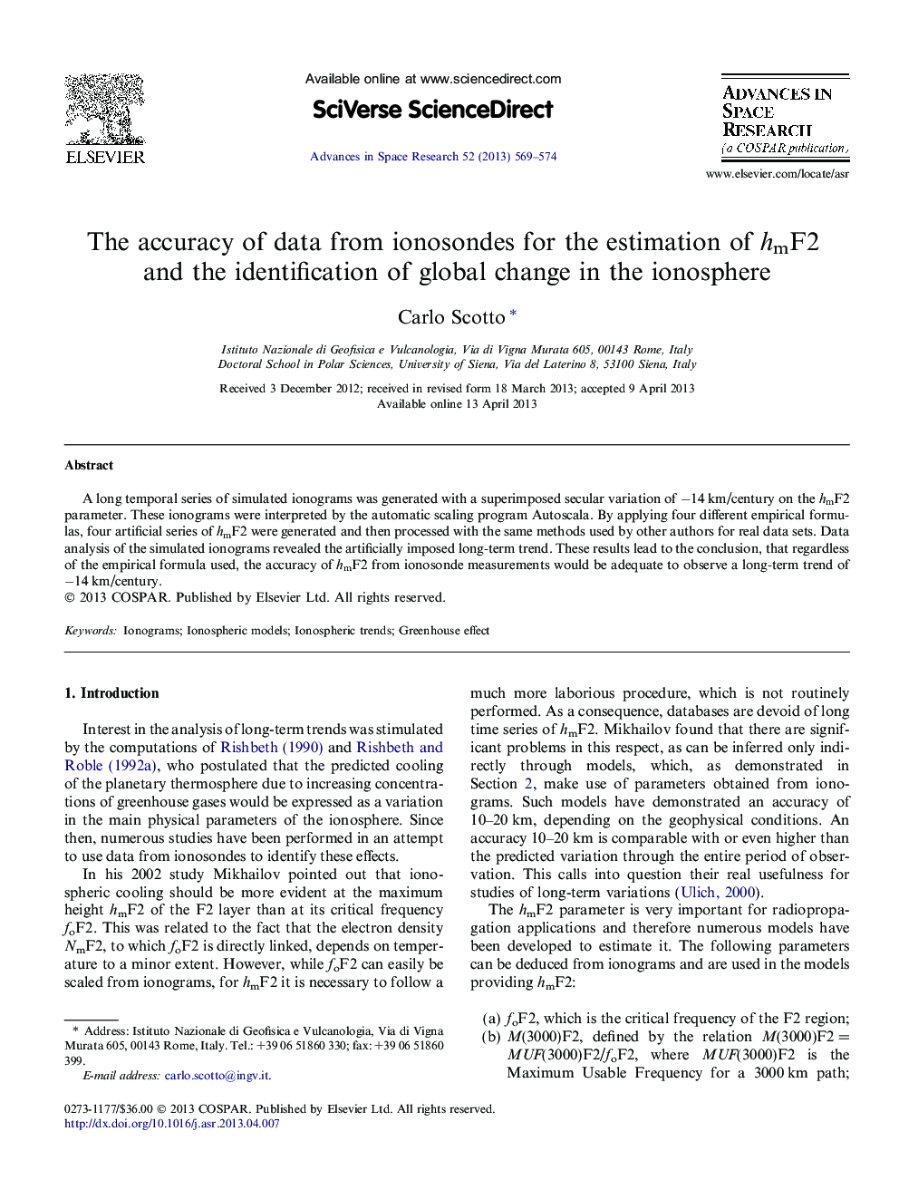The accuracy of data from ionosondes for the estimation of hmF2 and the identification of global change in the ionosphere