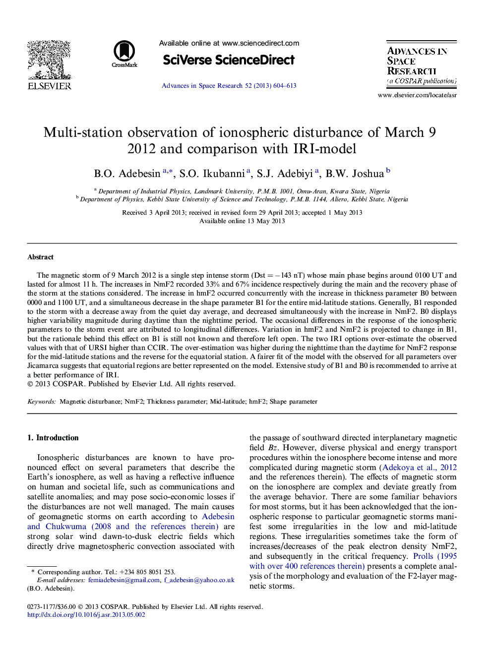 Multi-station observation of ionospheric disturbance of March 9 2012 and comparison with IRI-model