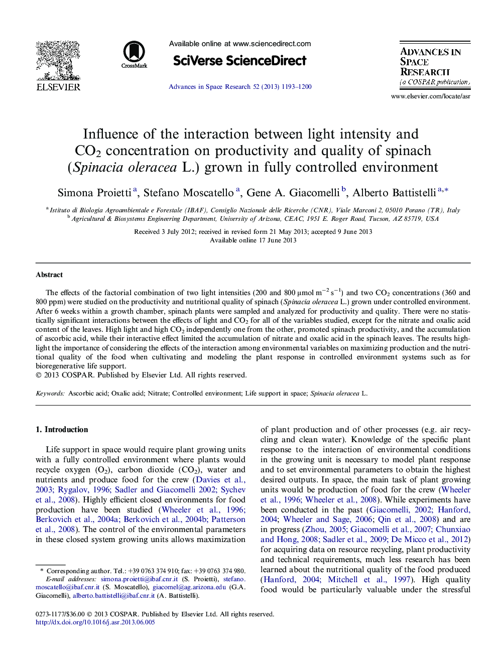 Influence of the interaction between light intensity and CO2 concentration on productivity and quality of spinach (Spinacia oleracea L.) grown in fully controlled environment