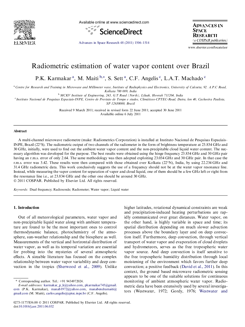 عکس صفحه اول مقاله: Radiometric estimation of water vapor content over Brazil Radiometric estimation of water vapor content over Brazil
