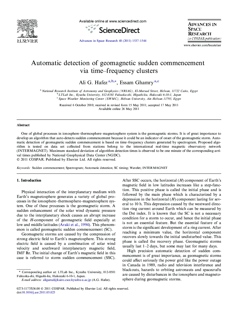 Automatic detection of geomagnetic sudden commencement via time-frequency clusters