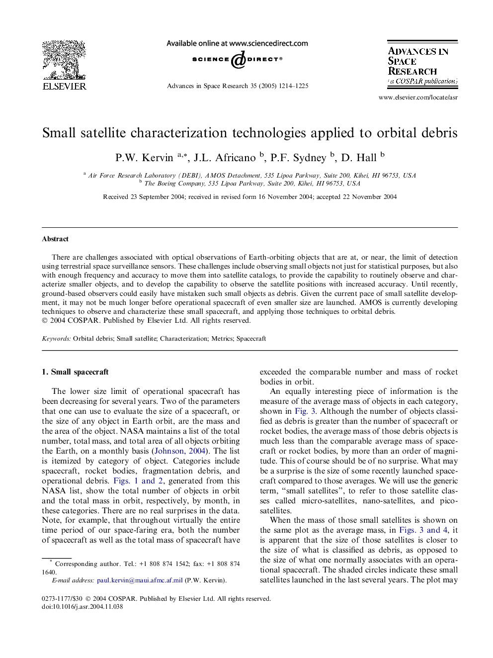 Small satellite characterization technologies applied to orbital debris