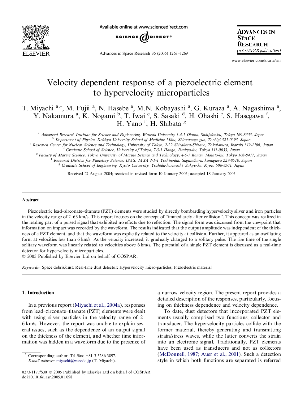 Velocity dependent response of a piezoelectric element to hypervelocity microparticles