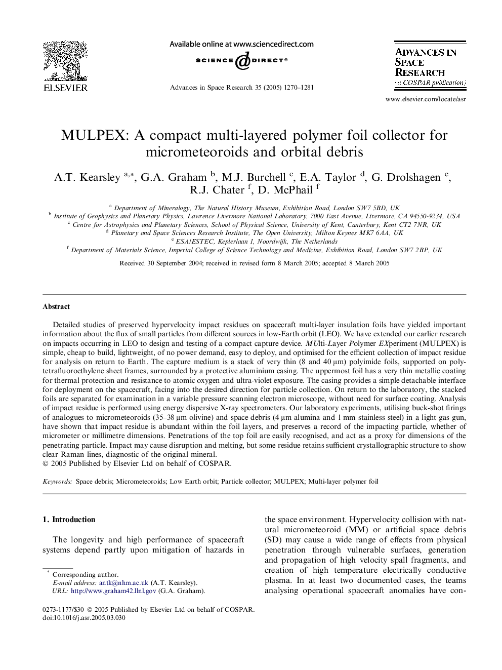 MULPEX: A compact multi-layered polymer foil collector for micrometeoroids and orbital debris