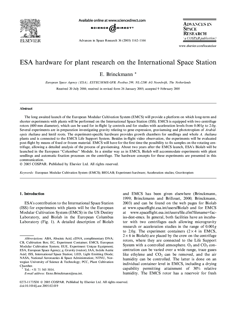 ESA hardware for plant research on the International Space Station