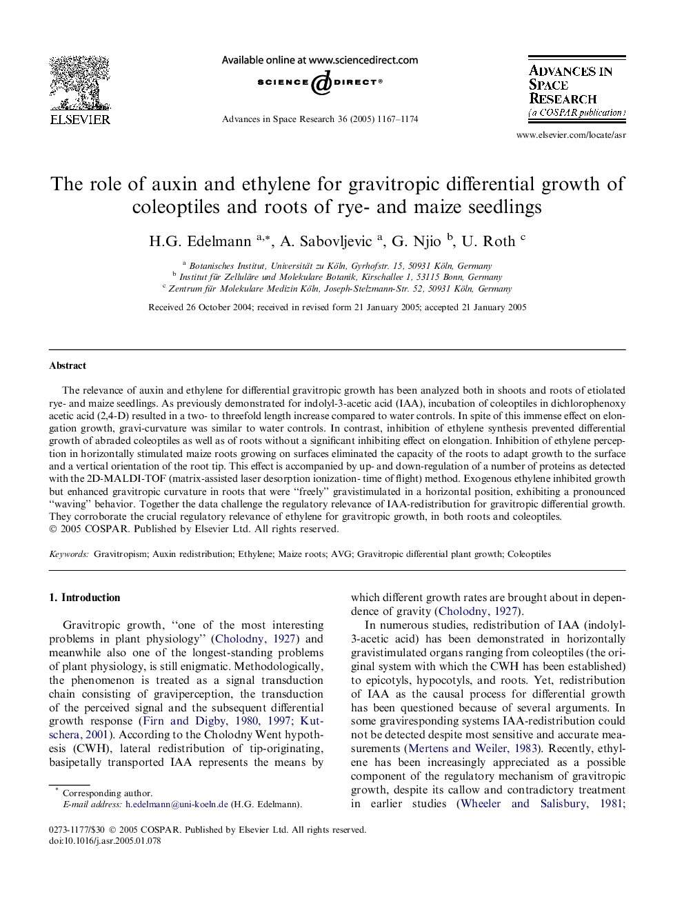 The role of auxin and ethylene for gravitropic differential growth of coleoptiles and roots of rye- and maize seedlings