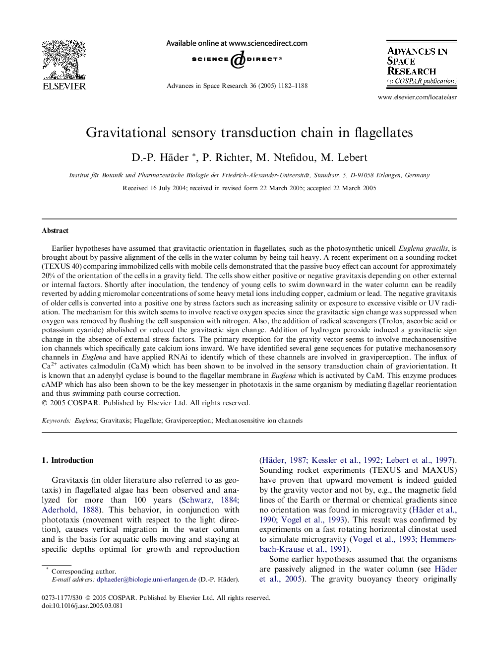 Gravitational sensory transduction chain in flagellates