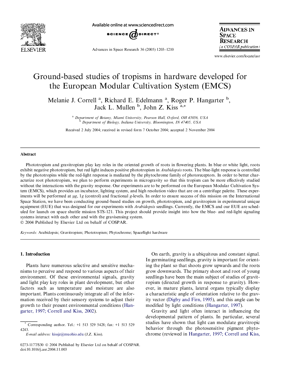 Ground-based studies of tropisms in hardware developed for the European Modular Cultivation System (EMCS)