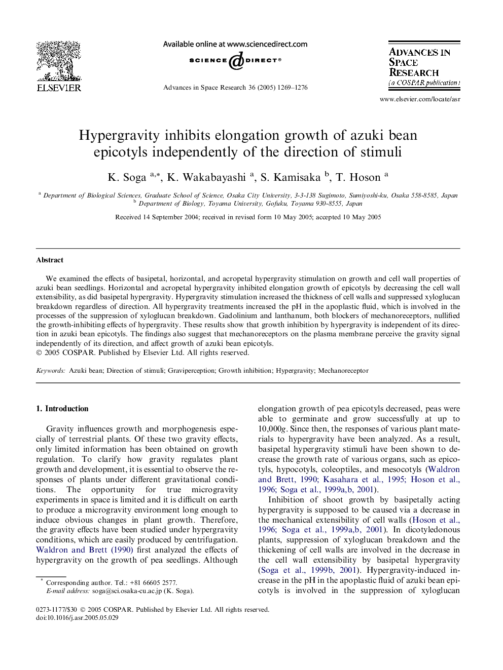 Hypergravity inhibits elongation growth of azuki bean epicotyls independently of the direction of stimuli