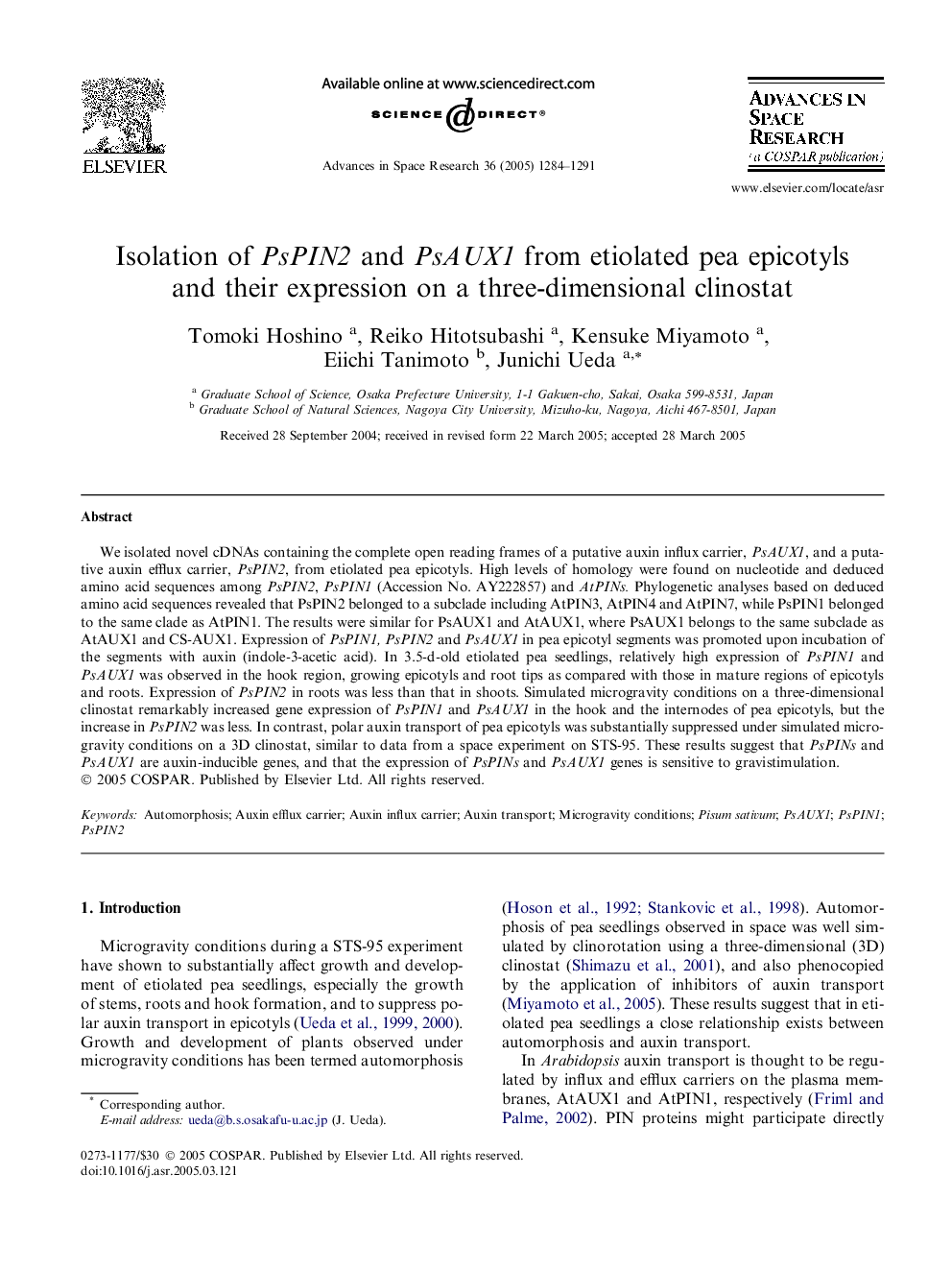 Isolation of PsPIN2 and PsAUX1 from etiolated pea epicotyls and their expression on a three-dimensional clinostat