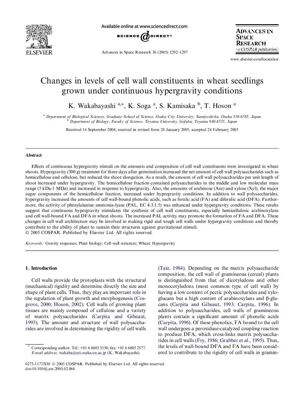 Changes in levels of cell wall constituents in wheat seedlings grown under continuous hypergravity conditions