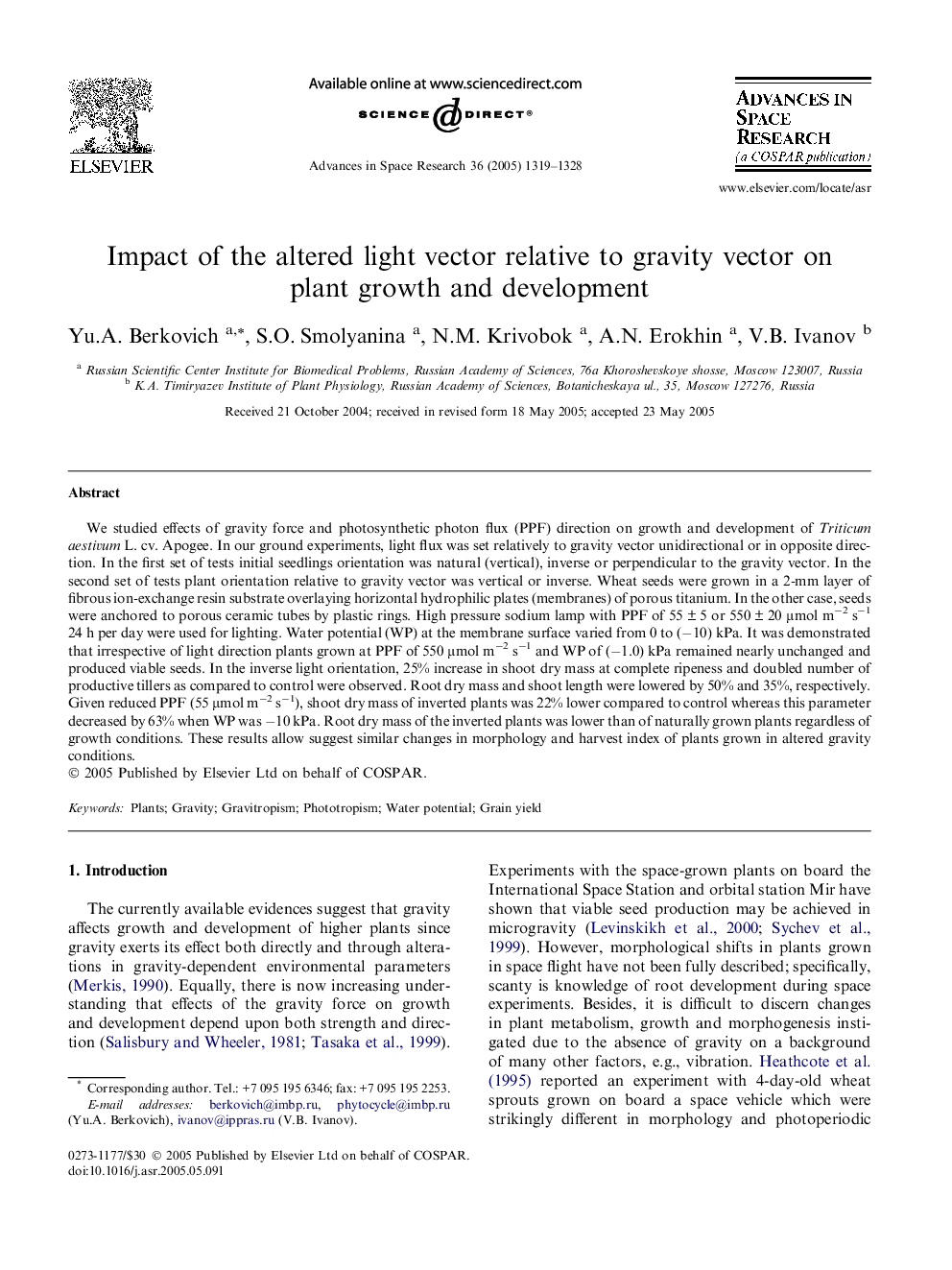 Impact of the altered light vector relative to gravity vector on plant growth and development