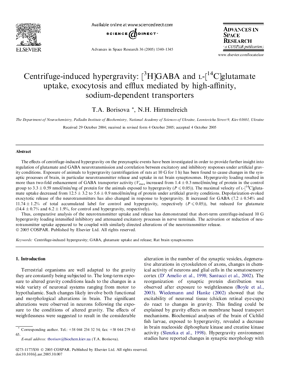 Centrifuge-induced hypergravity: [3H]GABA and l-[14C]glutamate uptake, exocytosis and efflux mediated by high-affinity, sodium-dependent transporters