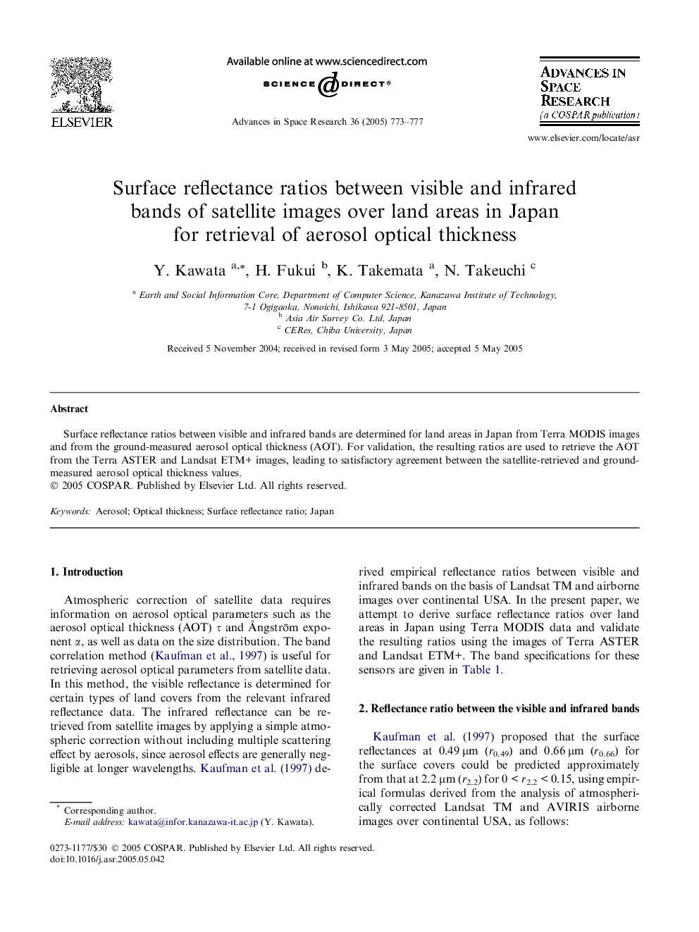 Surface reflectance ratios between visible and infrared bands of satellite images over land areas in Japan for retrieval of aerosol optical thickness