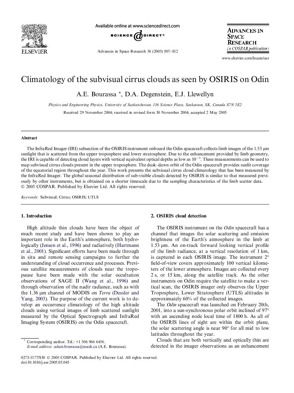 Climatology of the subvisual cirrus clouds as seen by OSIRIS on Odin