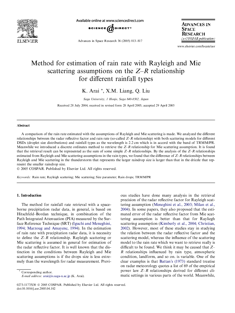 Method for estimation of rain rate with Rayleigh and Mie scattering assumptions on the Z-R relationship for different rainfall types