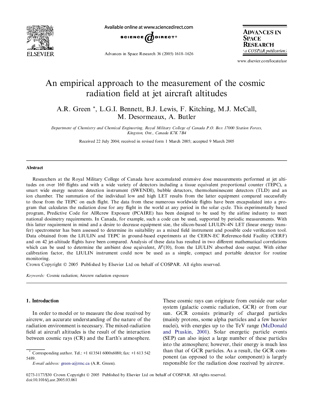 An empirical approach to the measurement of the cosmic radiation field at jet aircraft altitudes