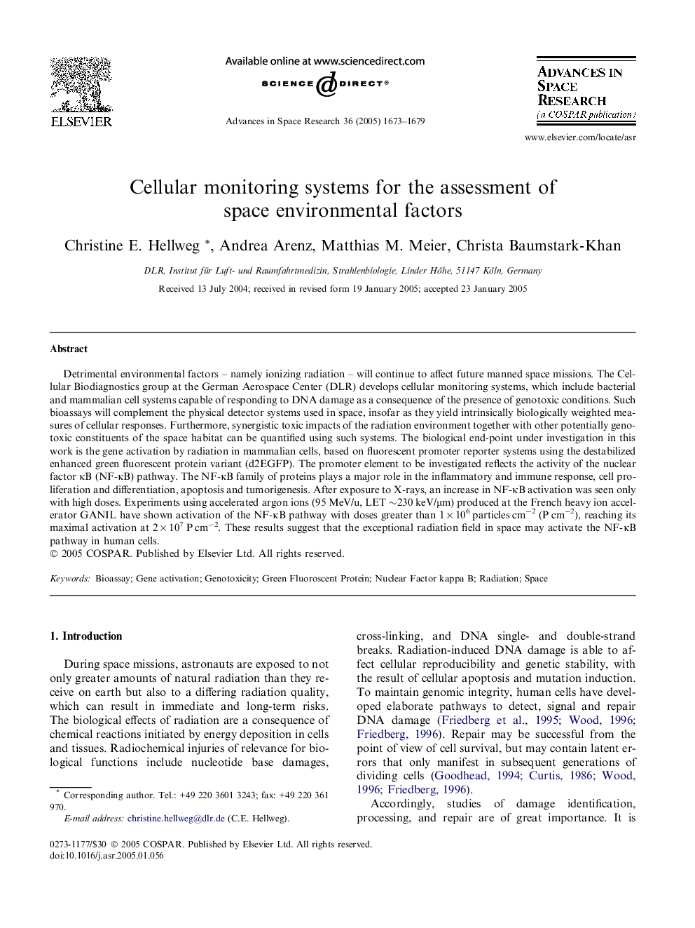 Cellular monitoring systems for the assessment of space environmental factors