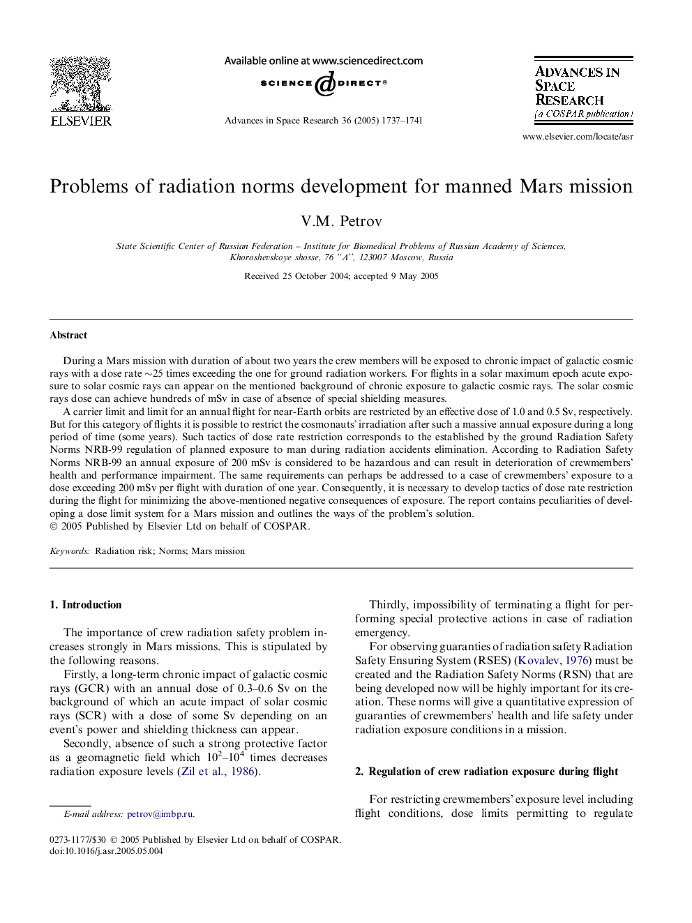 Problems of radiation norms development for manned Mars mission