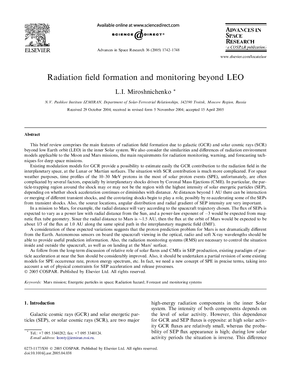 Radiation field formation and monitoring beyond LEO