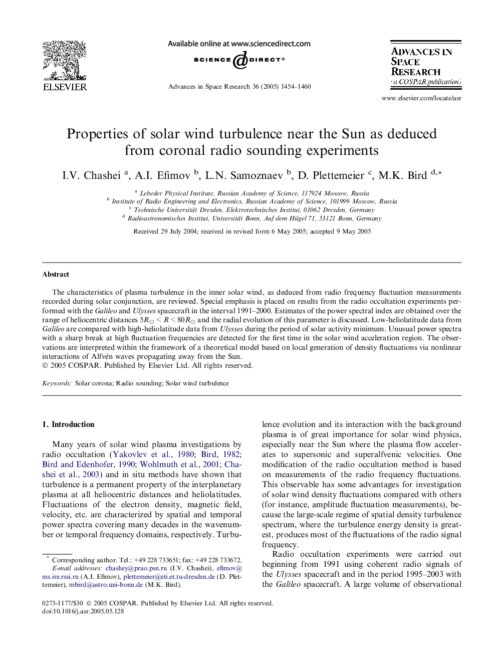 Properties of solar wind turbulence near the Sun as deduced from coronal radio sounding experiments