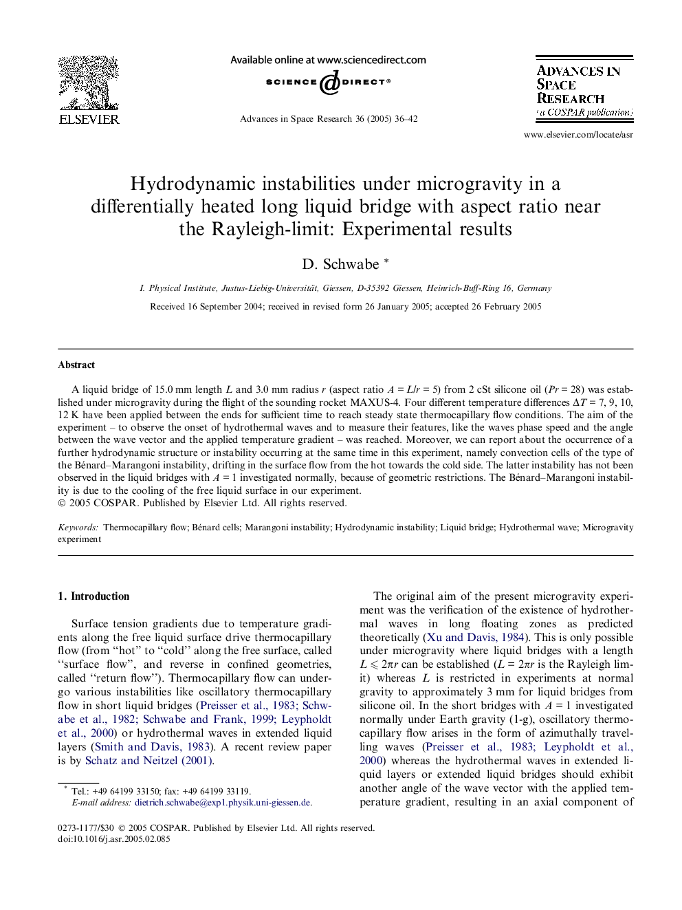 Hydrodynamic instabilities under microgravity in a differentially heated long liquid bridge with aspect ratio near the Rayleigh-limit: Experimental results