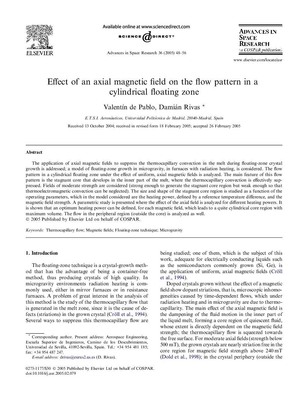 Effect of an axial magnetic field on the flow pattern in a cylindrical floating zone