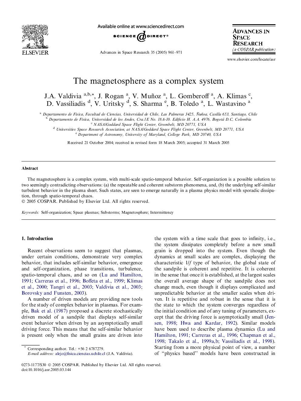 The magnetosphere as a complex system