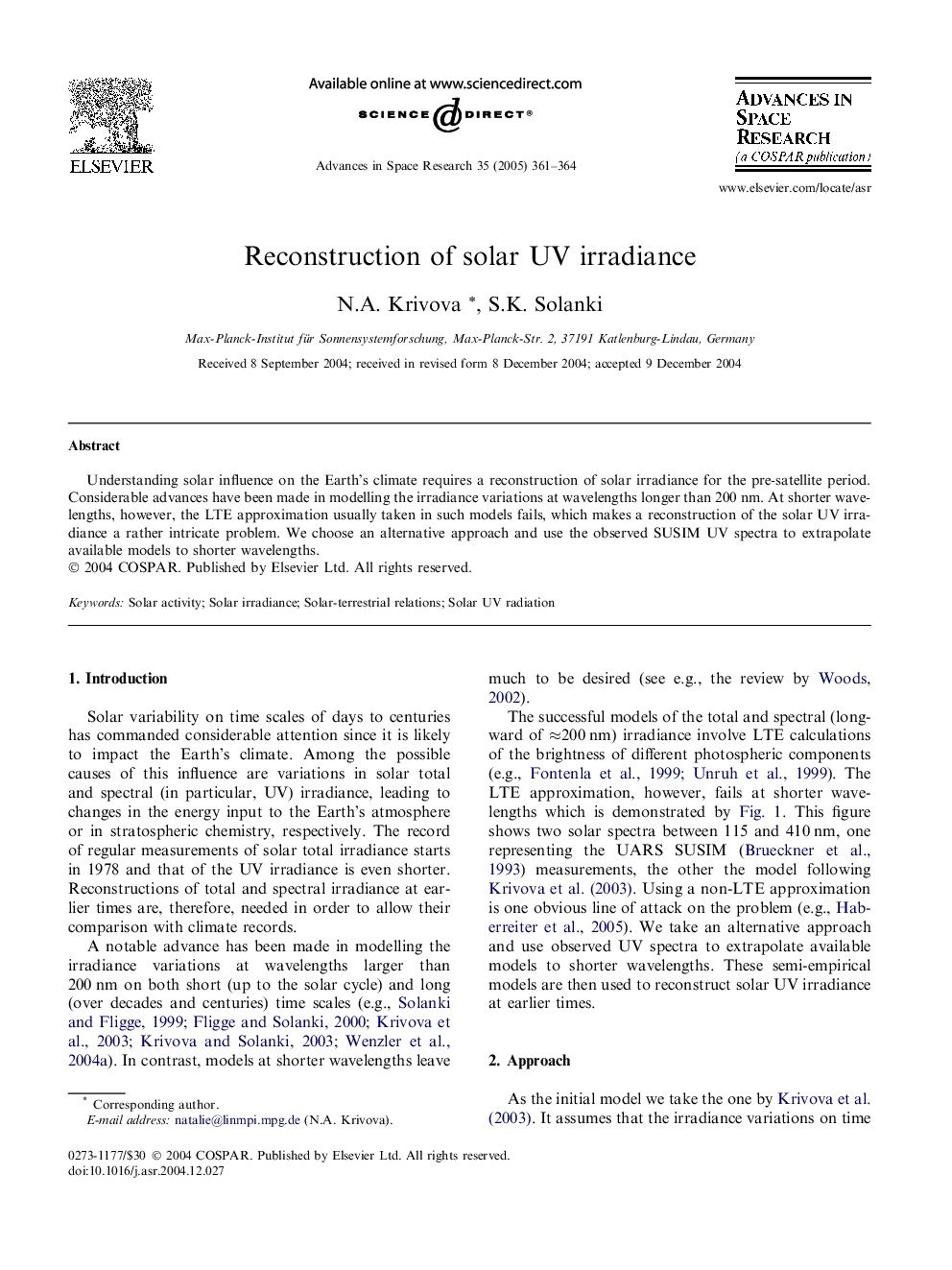 Reconstruction of solar UV irradiance