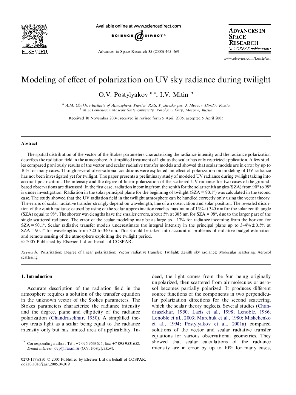 Modeling of effect of polarization on UV sky radiance during twilight