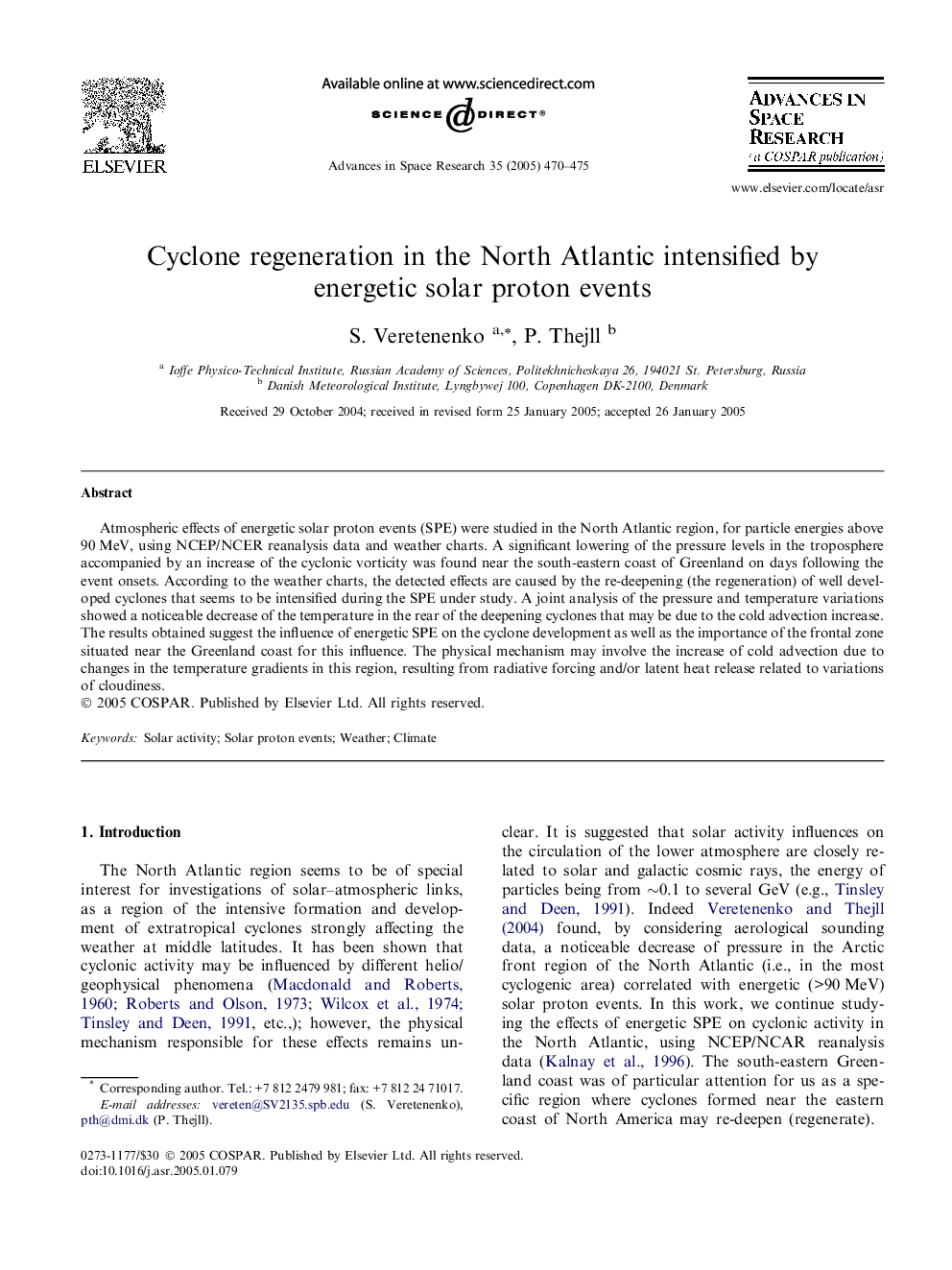 Cyclone regeneration in the North Atlantic intensified by energetic solar proton events